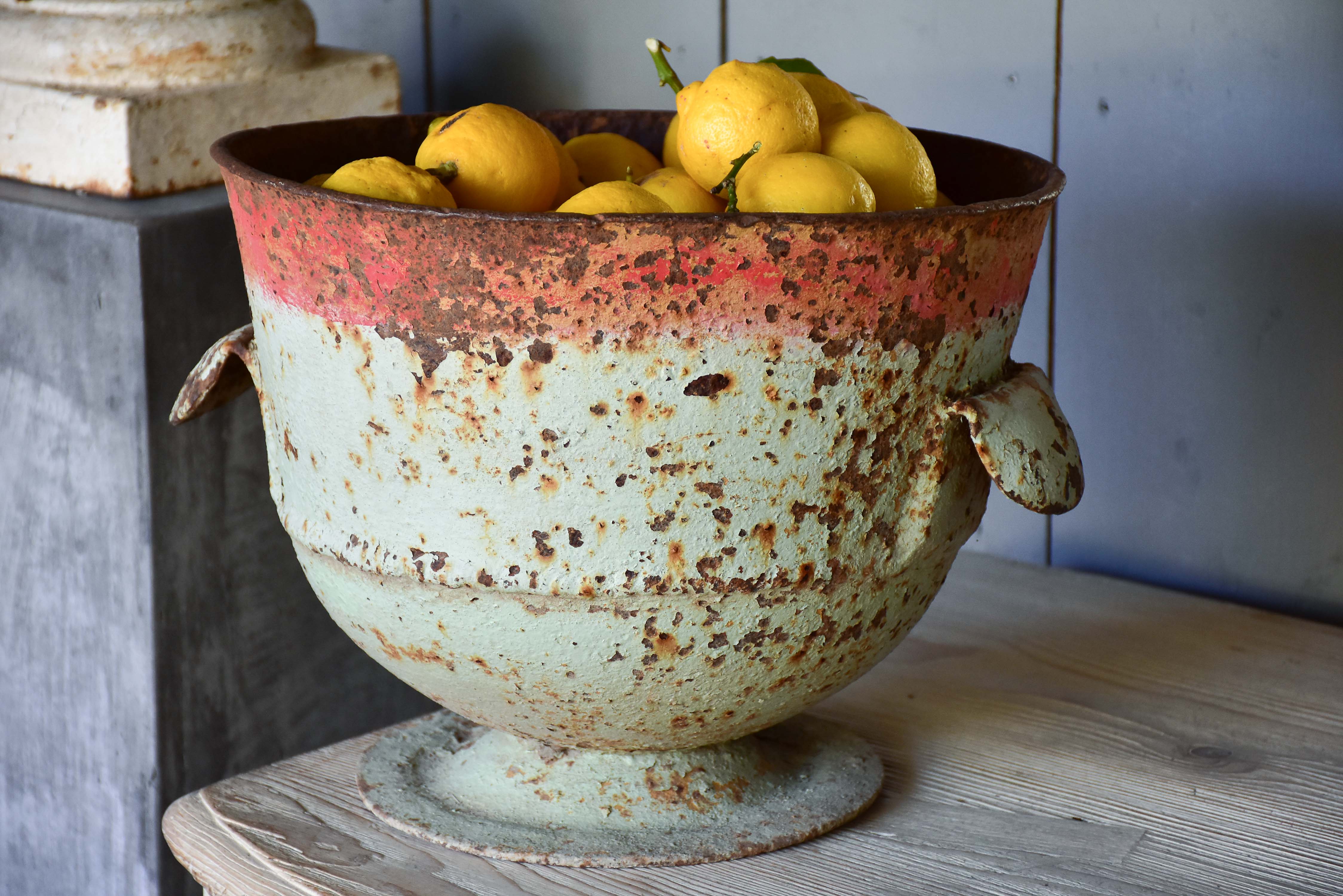 Rustic French planter with aqua and red patina