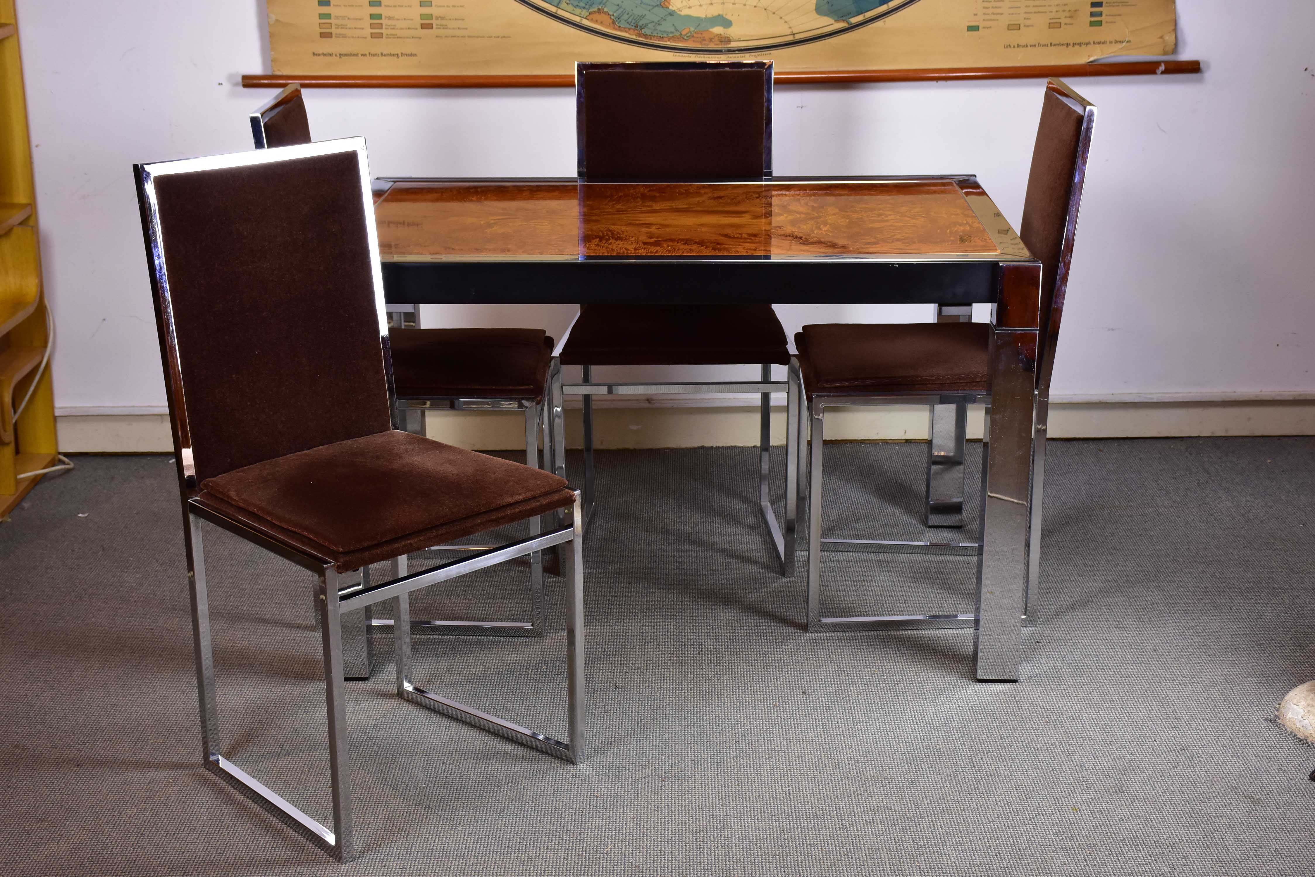 Four vintage burlwood and chrome dining chairs