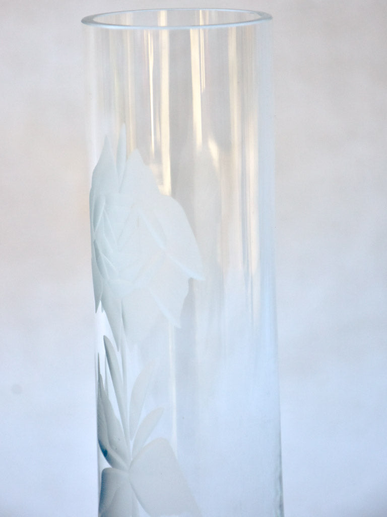 Mid-century crystal vase with engraved flower 8¼"