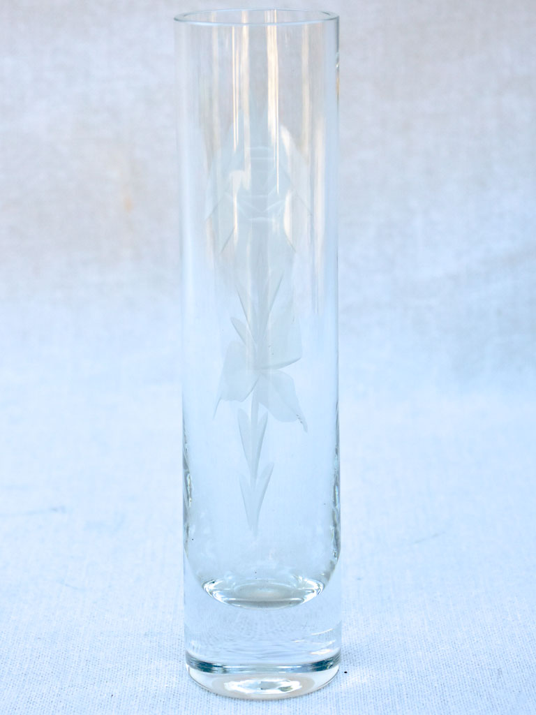 Mid-century crystal vase with engraved flower 8¼"