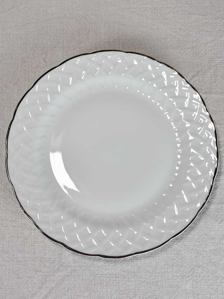 Mid century Limoges dinnerware set - white lattice pattern with silver edge