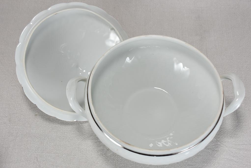 Mid century Limoges dinnerware set - white lattice pattern with silver edge