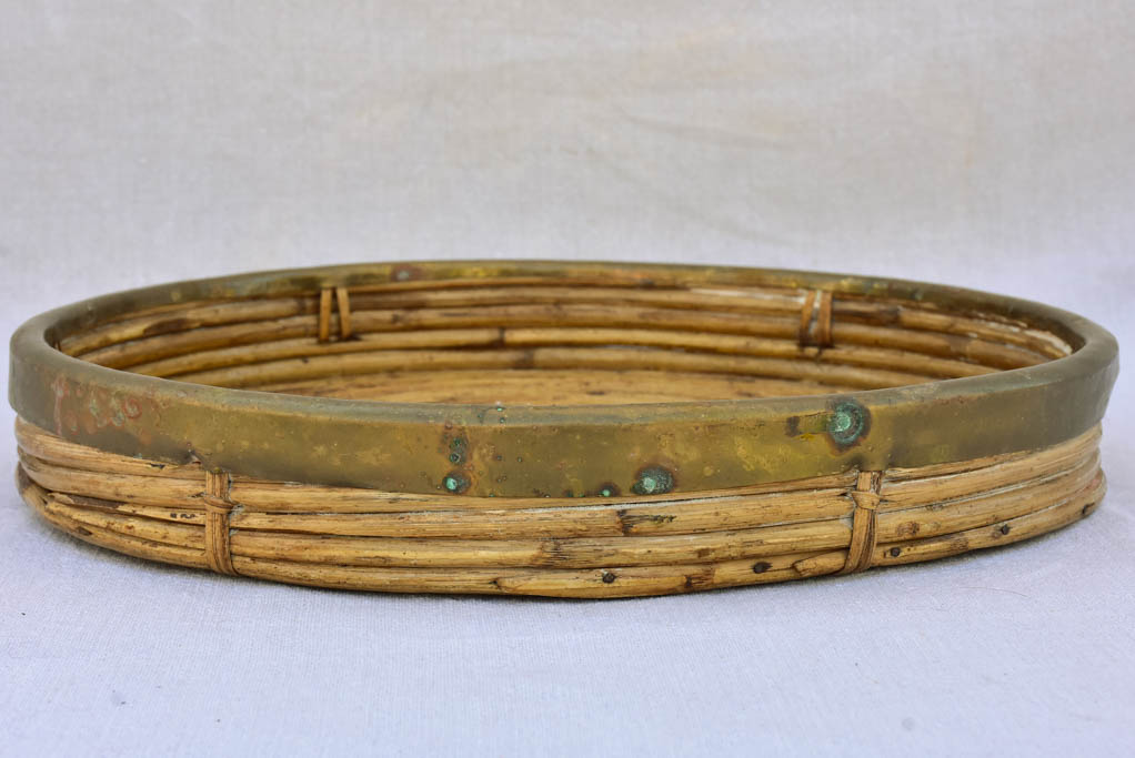 Vintage bamboo and brass round tray 15"