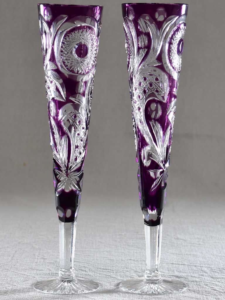 Pair of vintage crystal champagne flutes / vases  amethyst violet 12½"