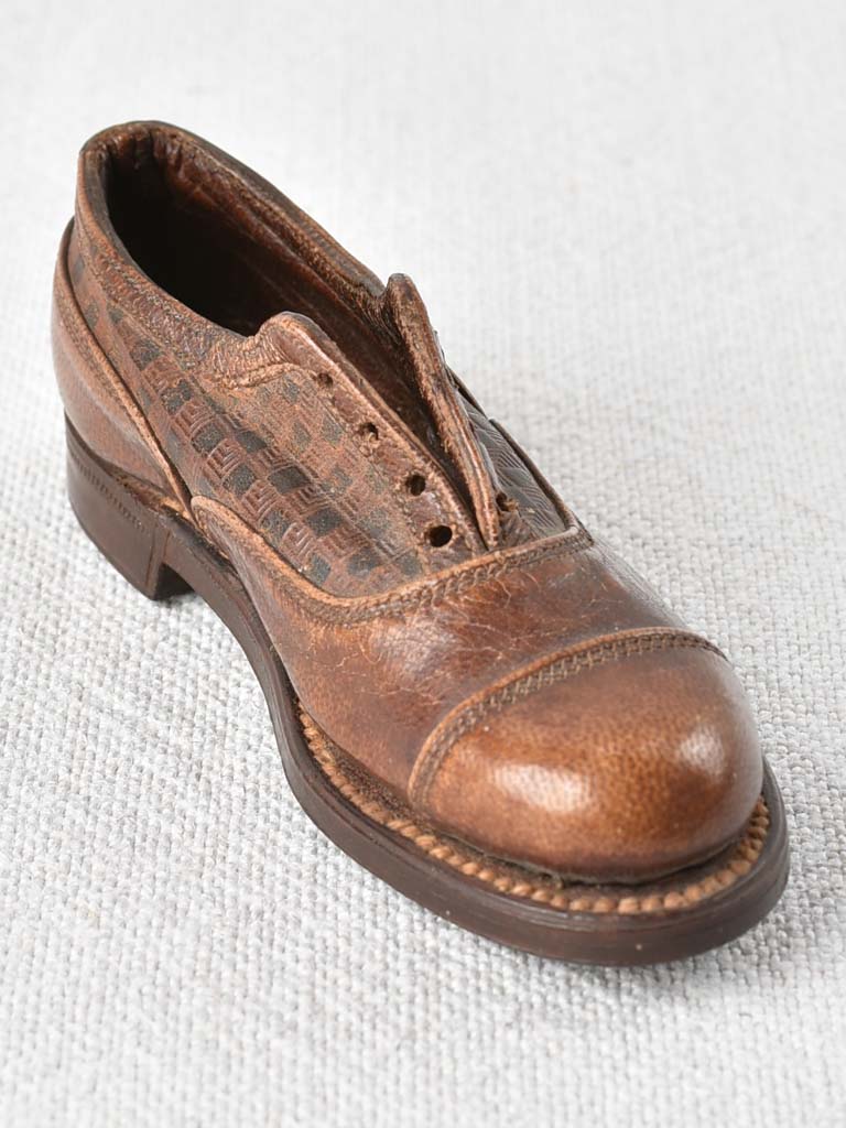 Miniature leather shoe - shoemaker's project 1940s 4"