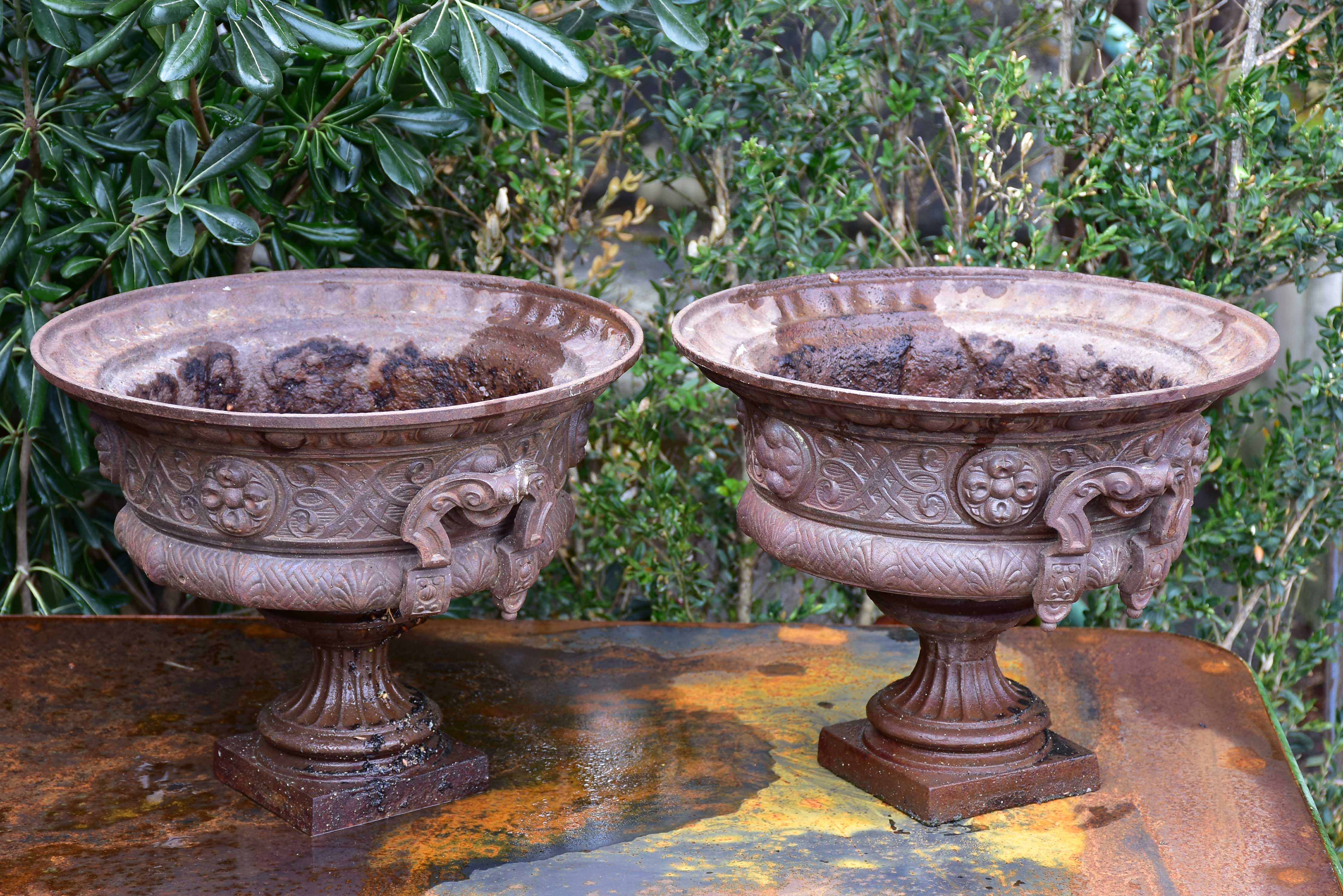 Pair of 19th century French garden urns with brown patina