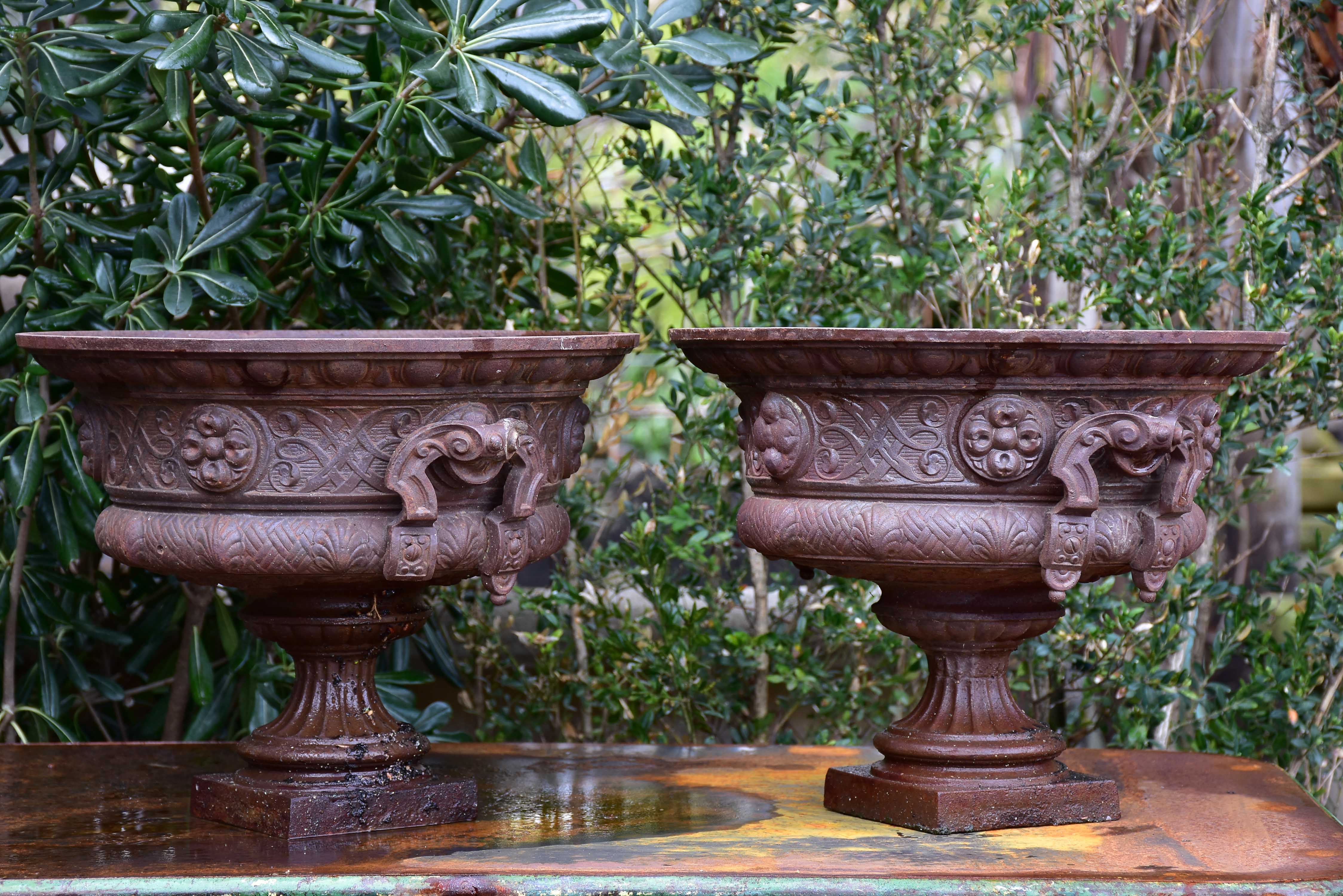 Pair of 19th century French garden urns with brown patina