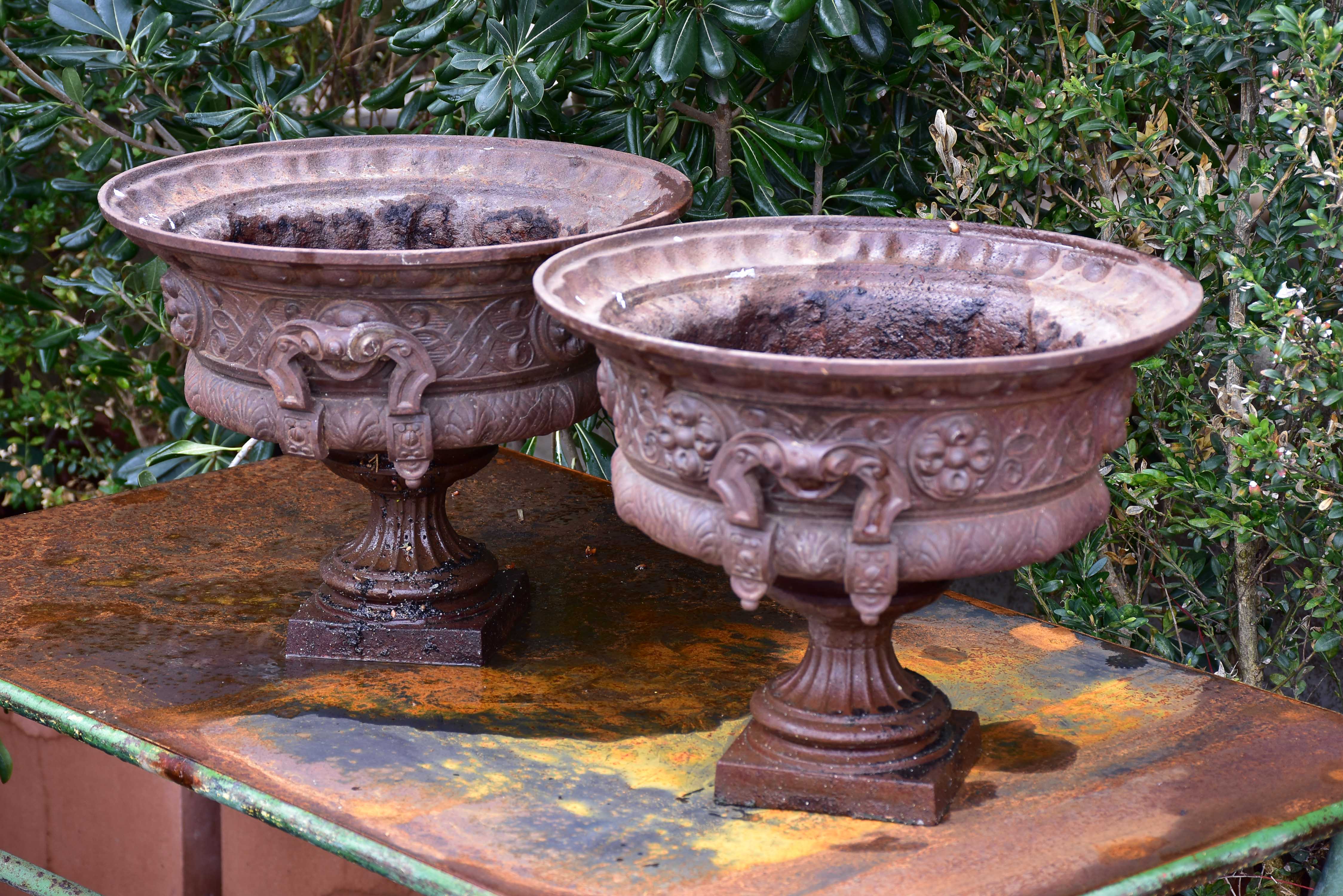 Pair of 19th century French garden urns with brown patina