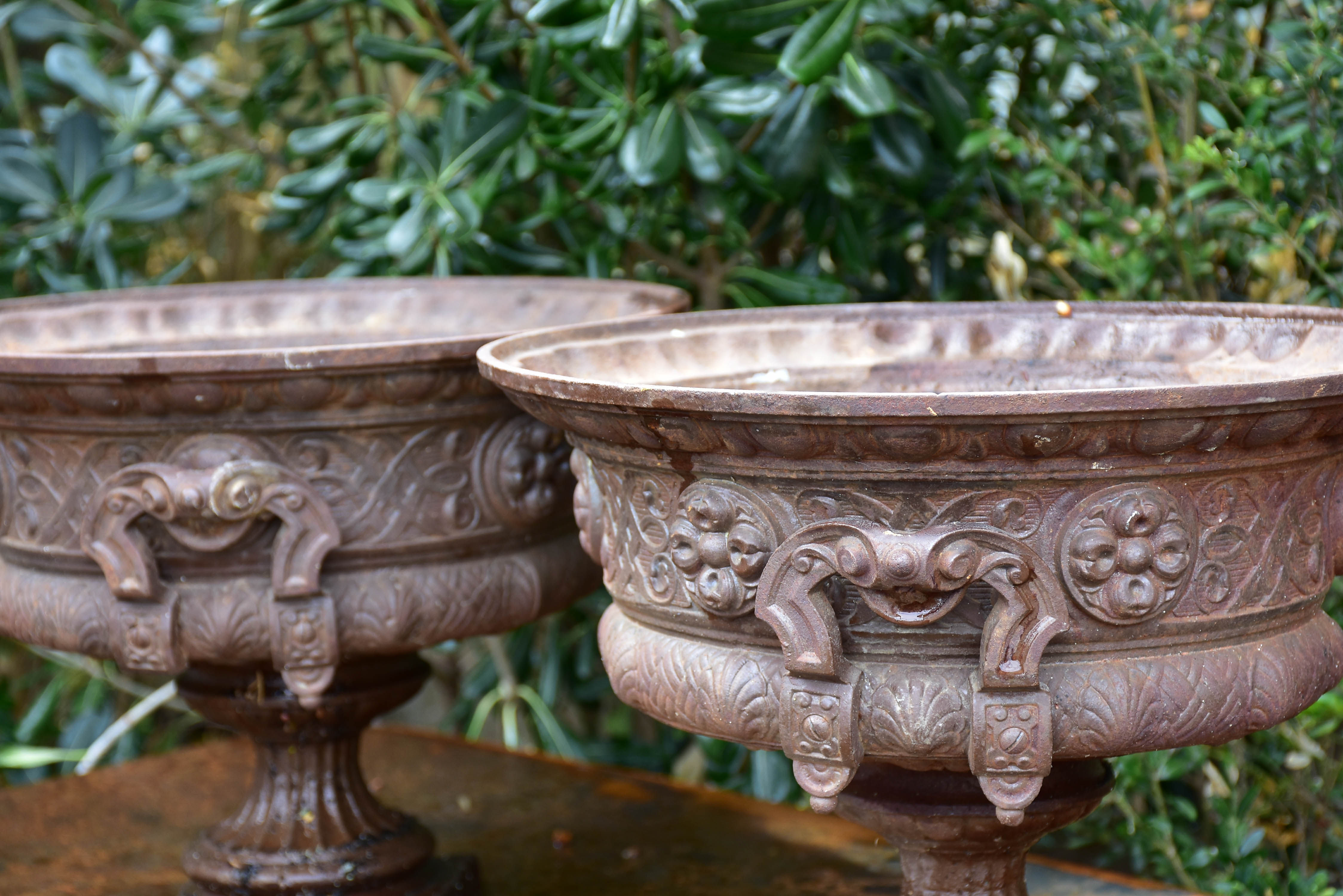 Pair of 19th century French garden urns with brown patina