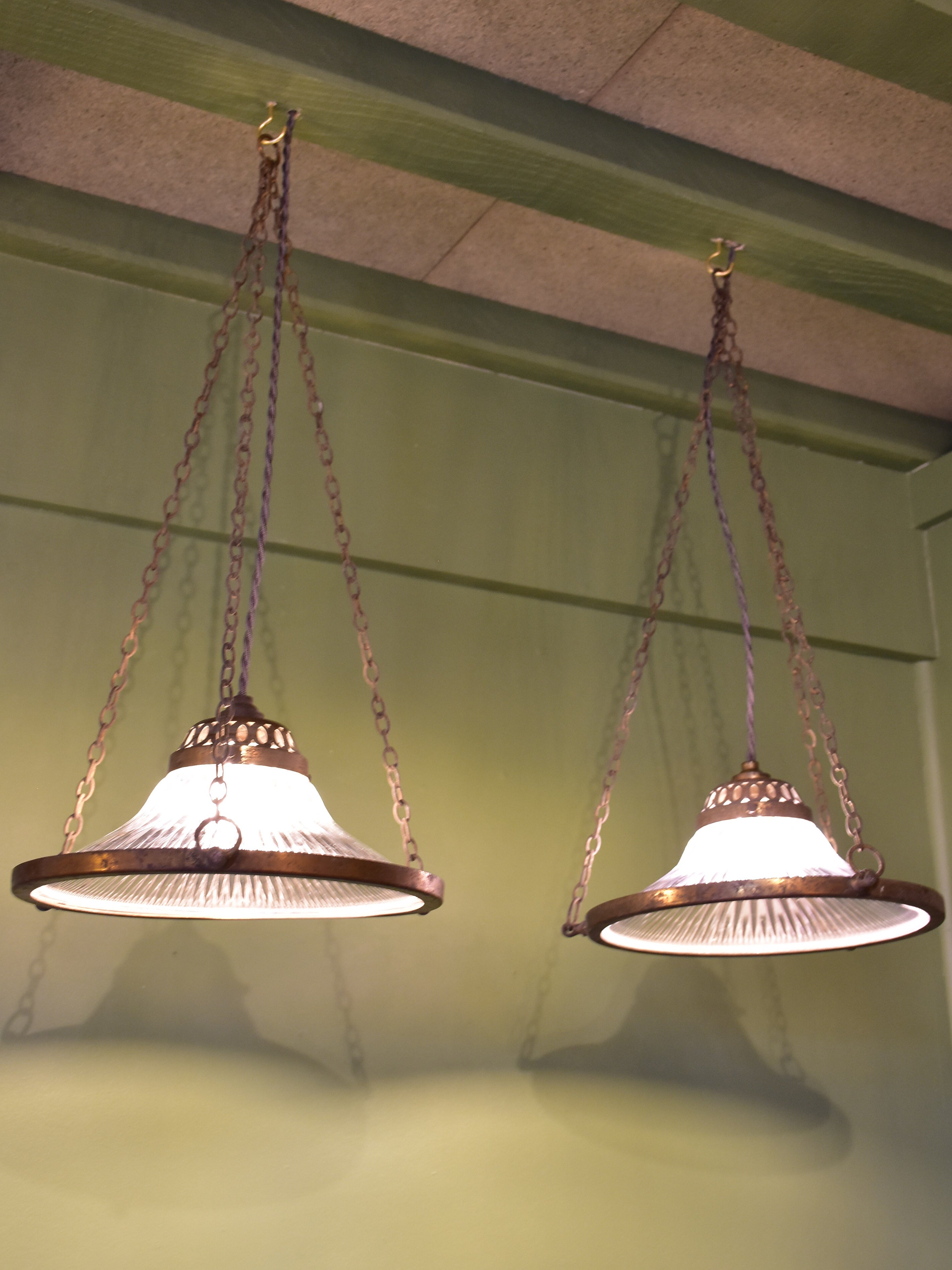 Pair of Verre Holophane suspended lights