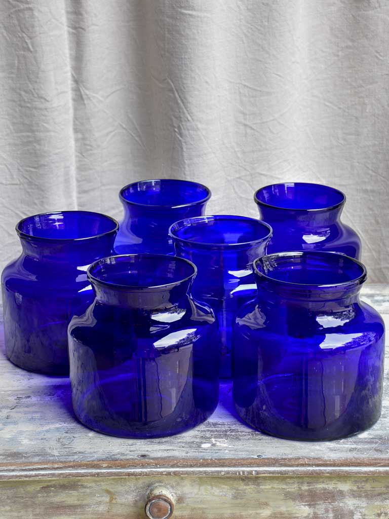 Pair of antique French apothecary jars with cobalt blue glass