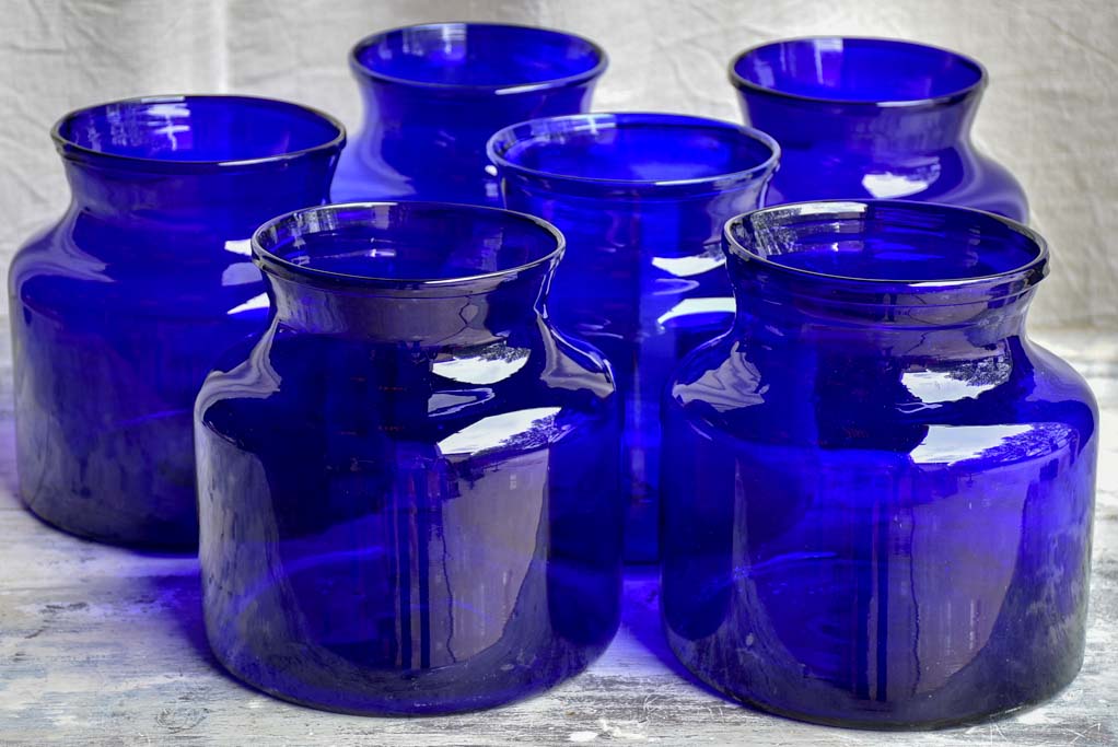 Pair of antique French apothecary jars with cobalt blue glass