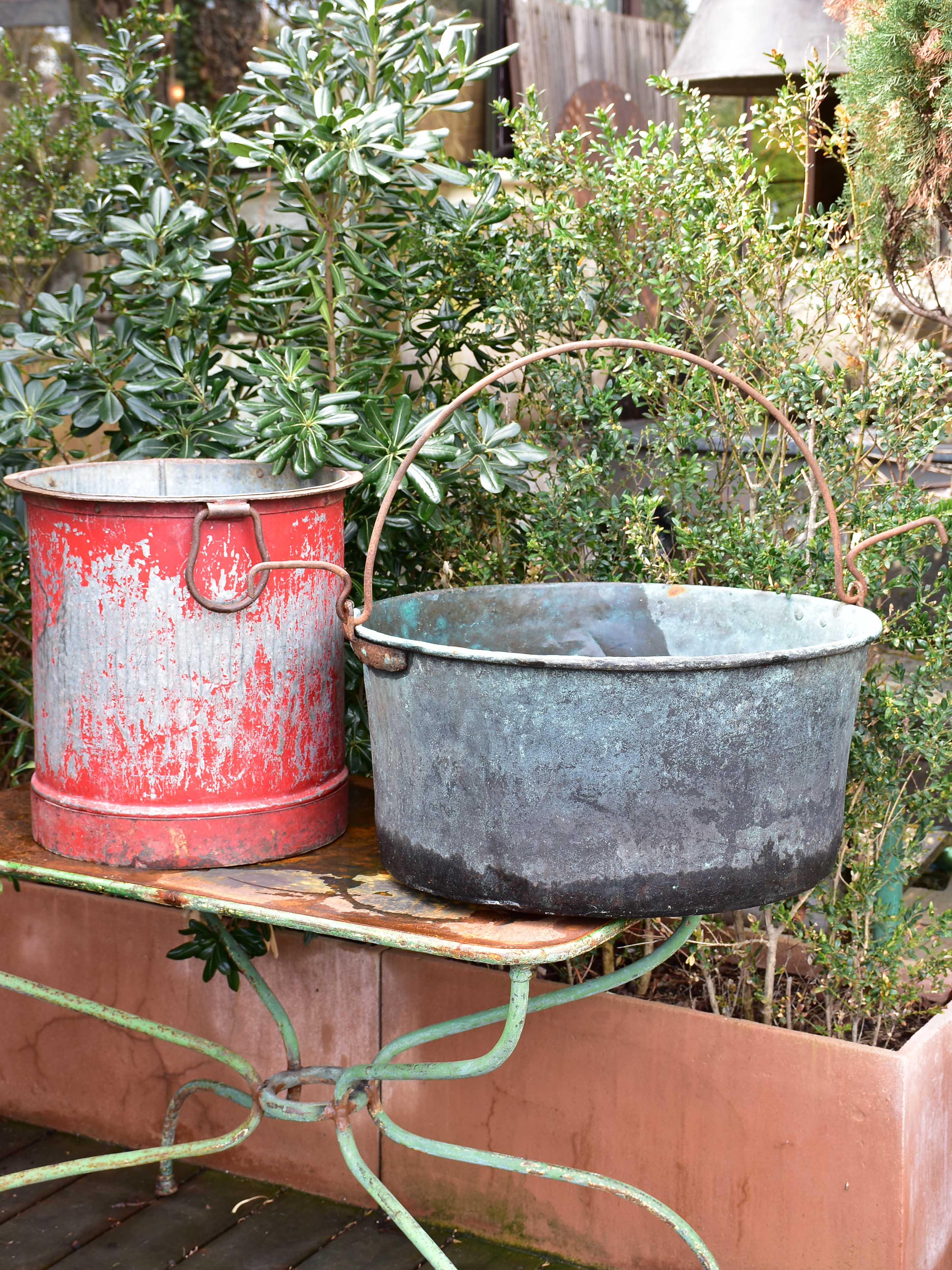 Industrial French bucket and copper cauldron