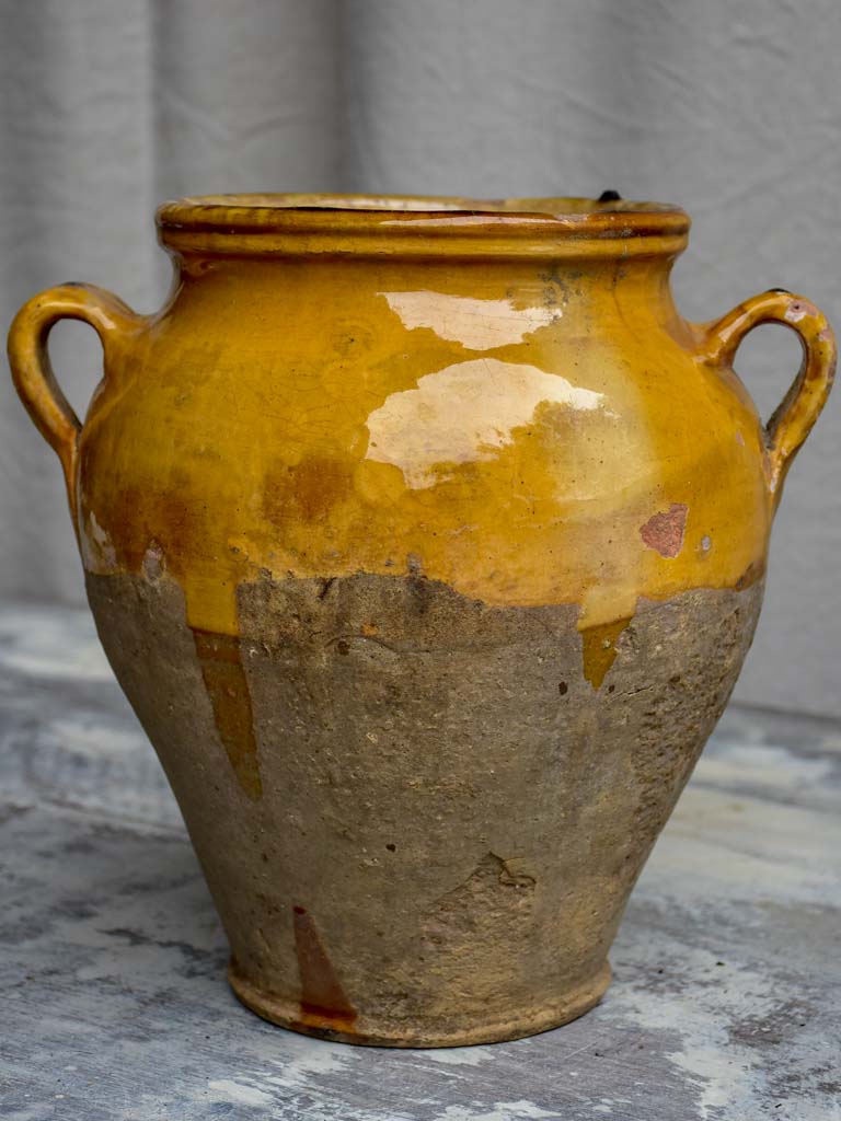 Large antique French confit pot with yellow glaze 11 ½"