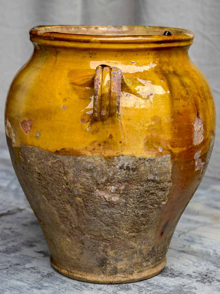 Large antique French confit pot with yellow glaze 11 ½"