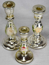 Three mercury glass candlesticks with hand-painted flowers