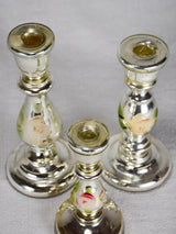 Three mercury glass candlesticks with hand-painted flowers