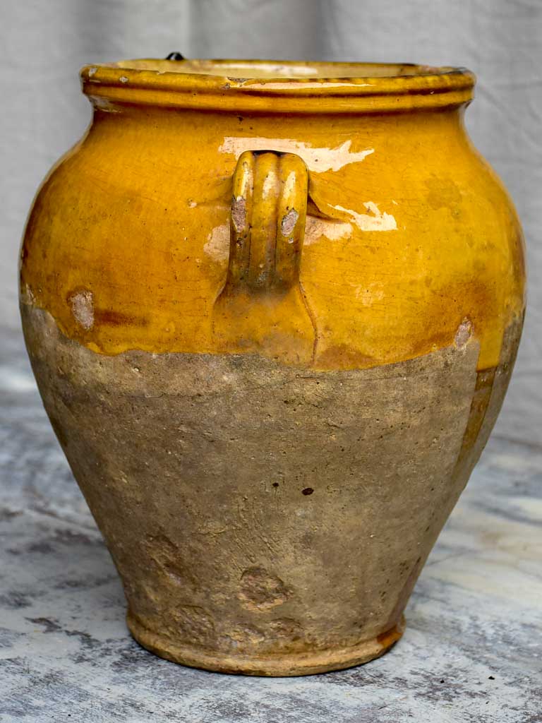 Large antique French confit pot with yellow glaze 11 ½"