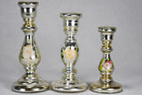 Three mercury glass candlesticks with hand-painted flowers