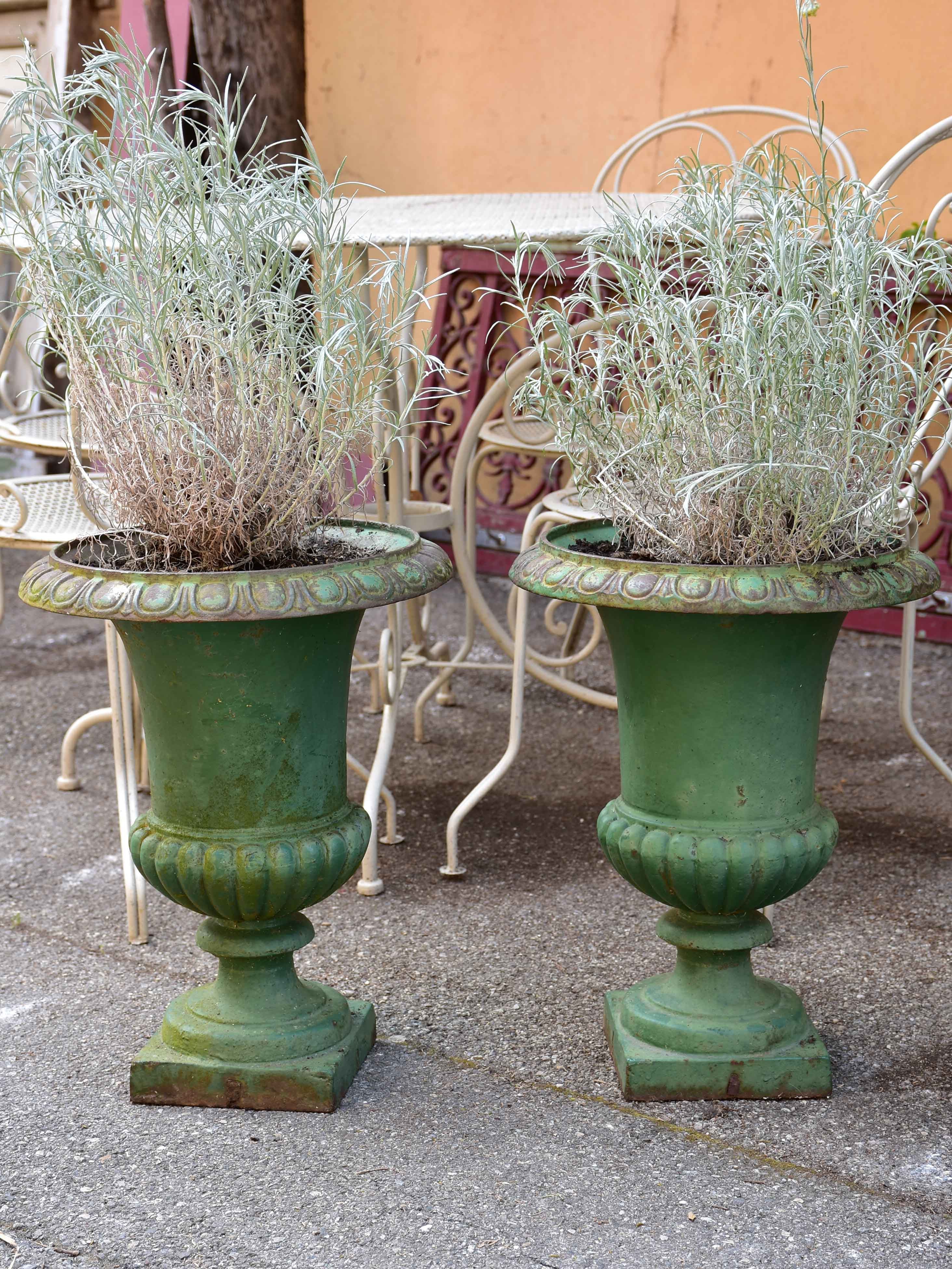 Pair of green cast-iron Medici garden urns