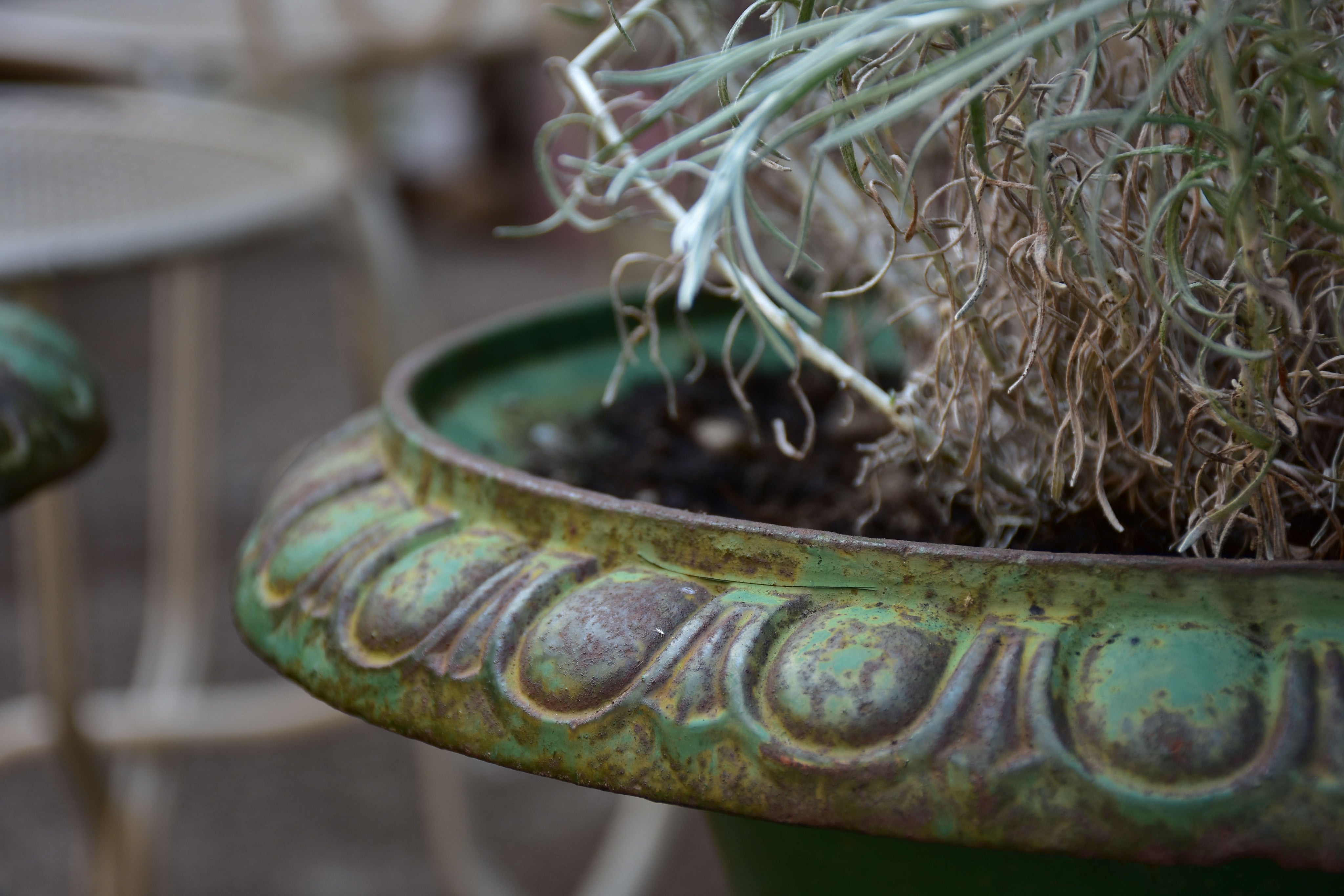 Pair of green cast-iron Medici garden urns