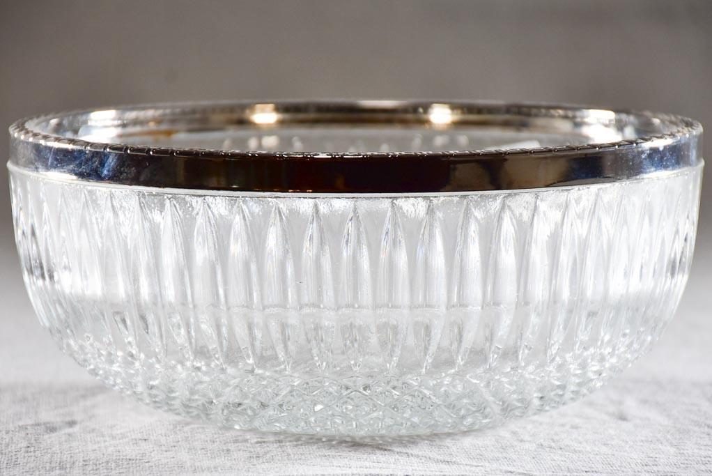 Vintage French punch bowl with cut glass and stainless steel rim 8¾"