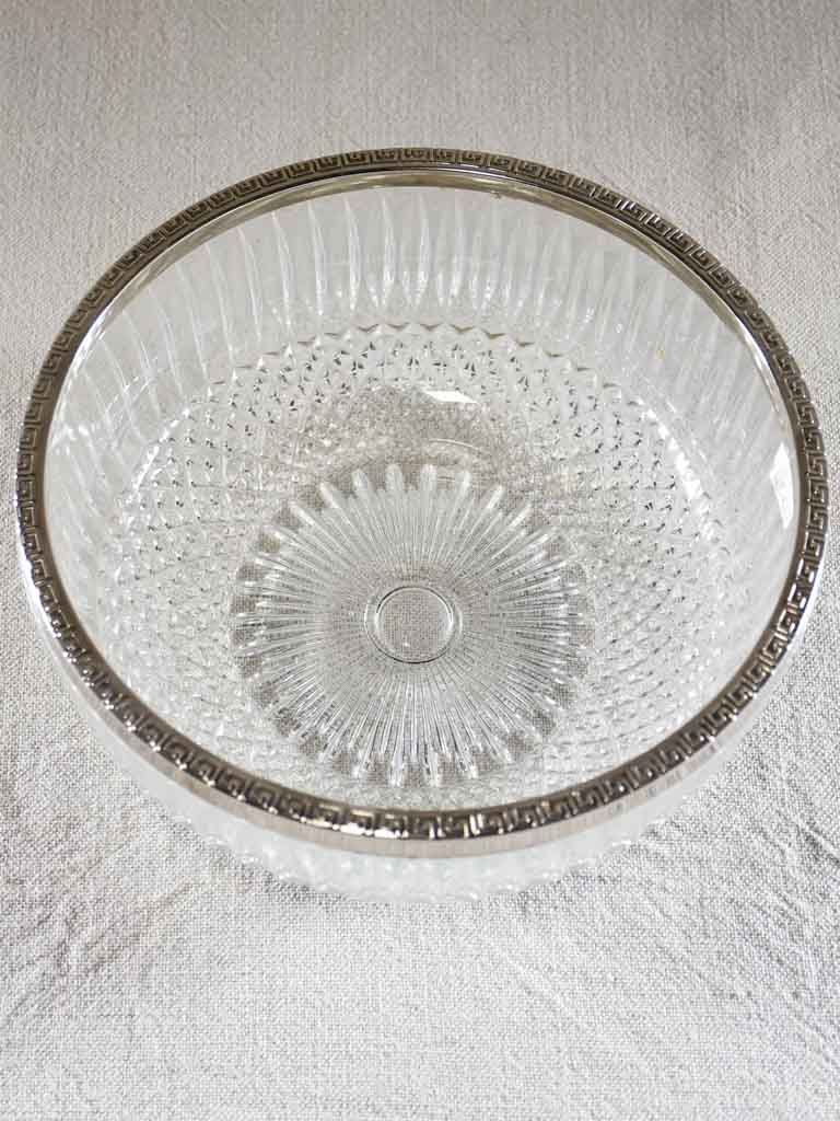 Vintage French punch bowl with cut glass and stainless steel rim 8¾"