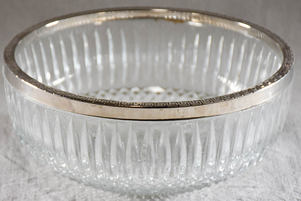 Vintage French punch bowl with cut glass and stainless steel rim 8¾"