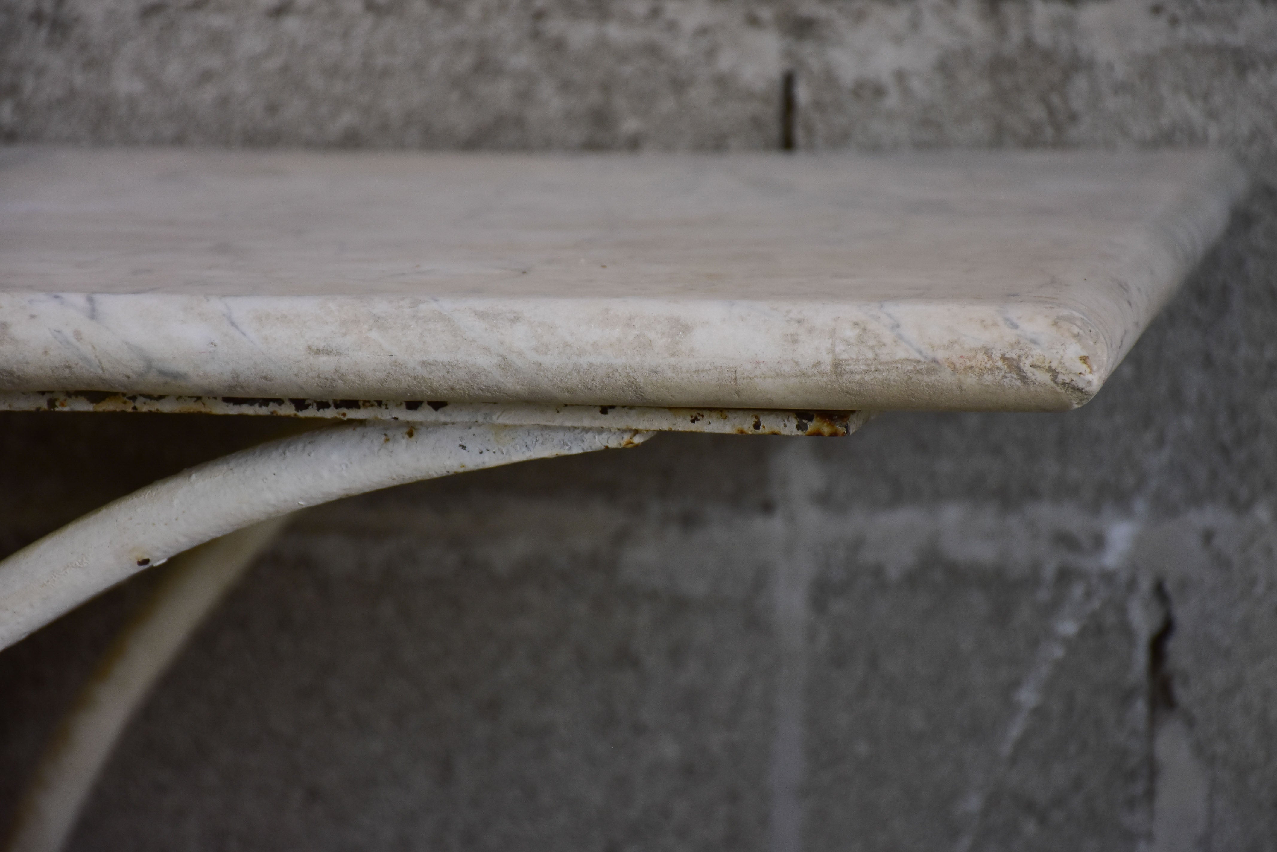 Antique French marble butcher's table with cast iron stand on wheels