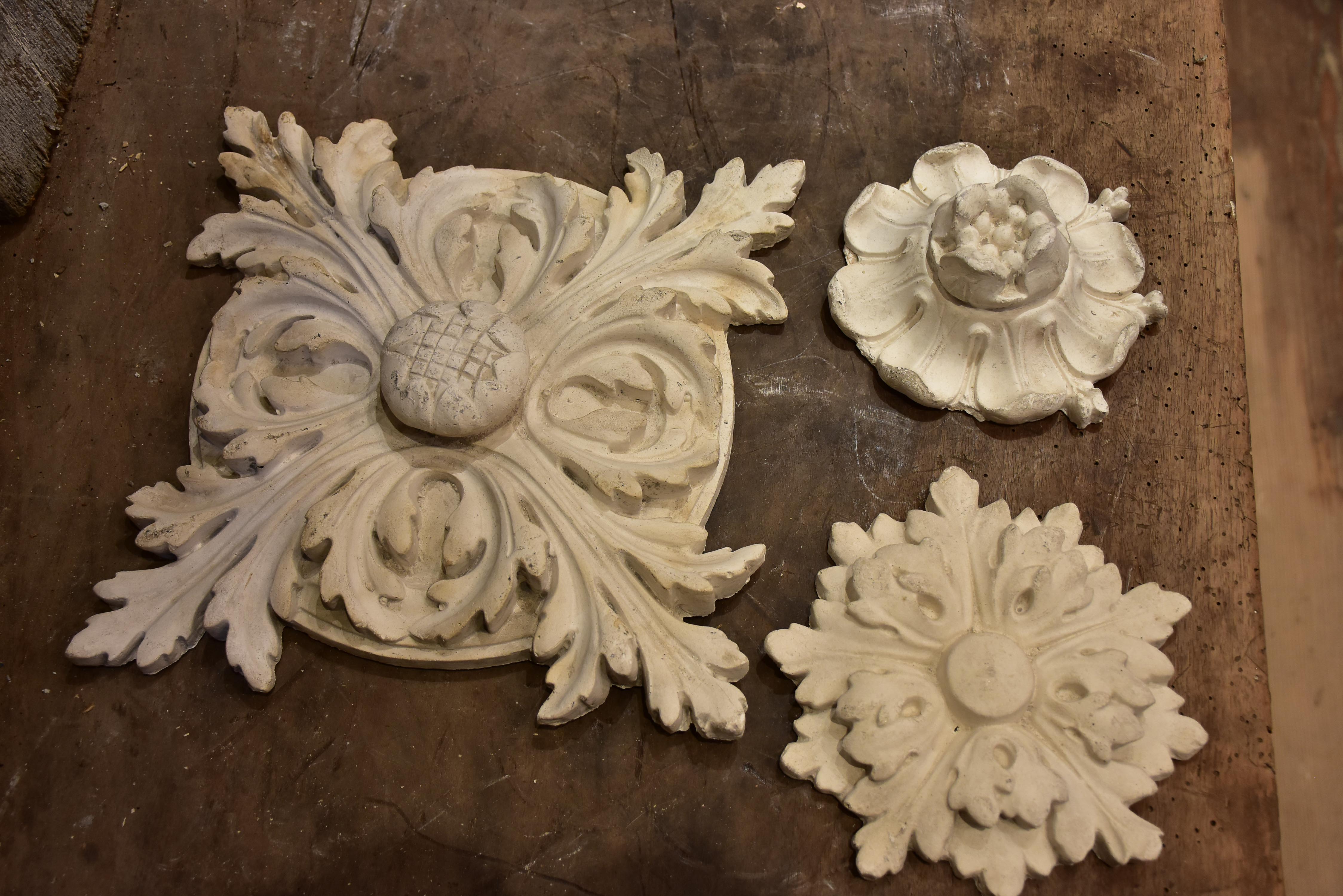 Three antique French plaster ceiling roses