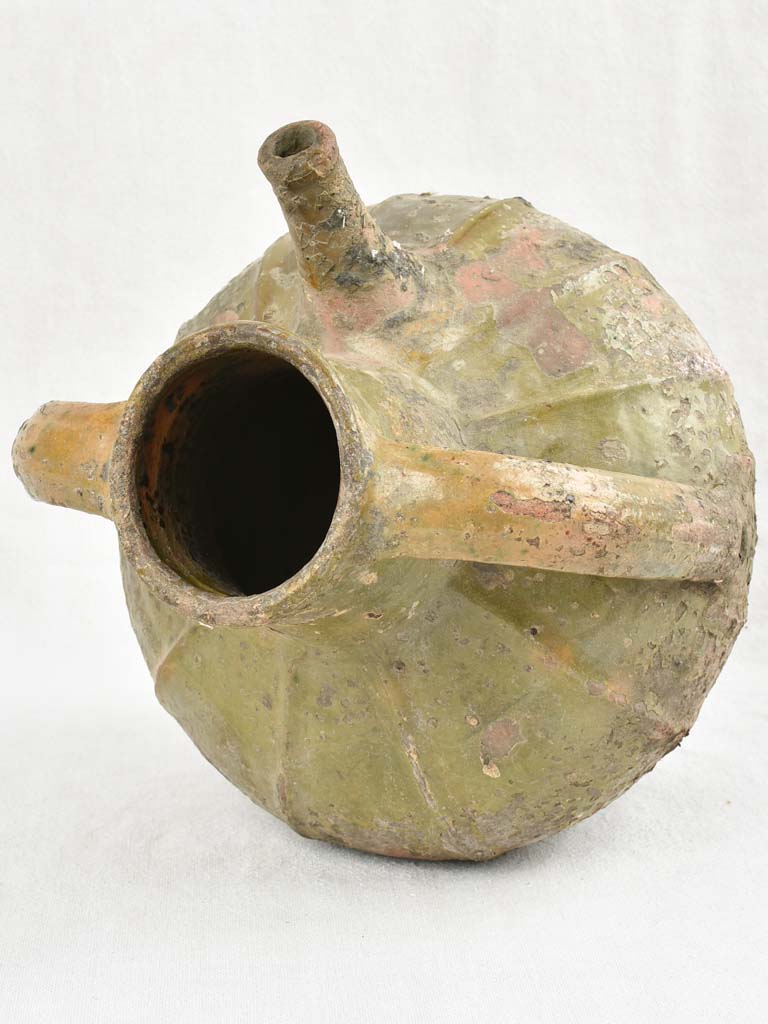 18th century walnut oil pitcher with green patina 12½"