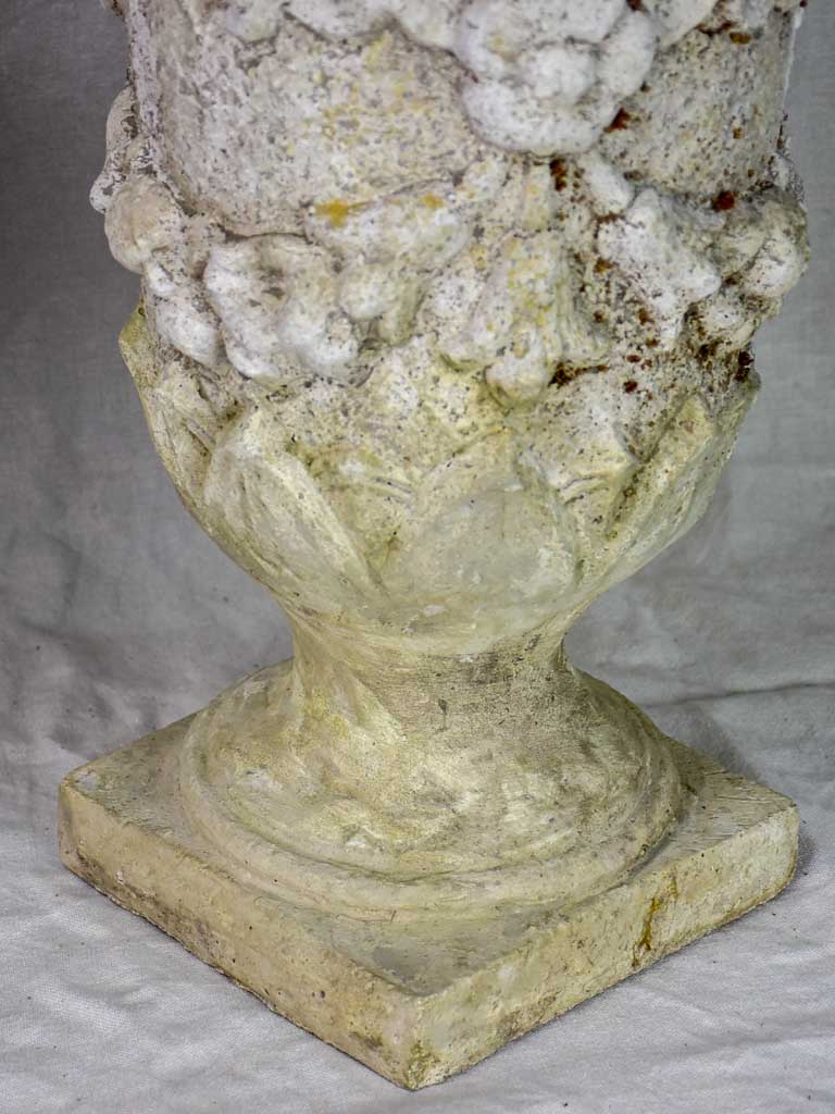 Pair of mid century weathered garden urns with decorative moldings 22"