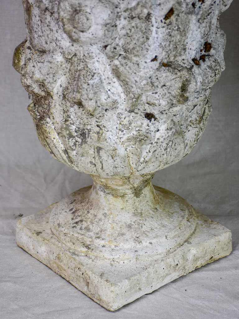 Pair of mid century weathered garden urns with decorative moldings 22"