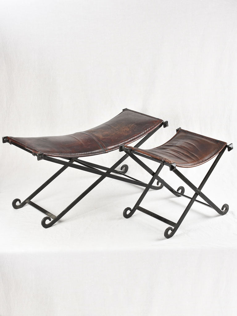 Vintage bench and stool - leather & wrought iron