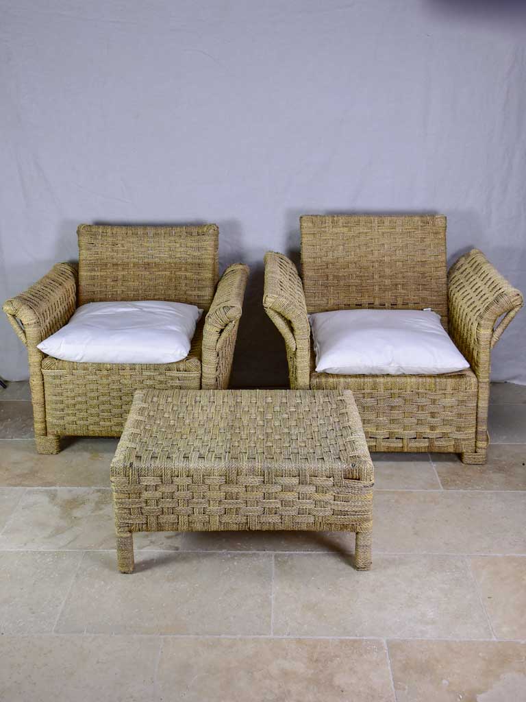 Two vintage rope armchairs and an ottoman