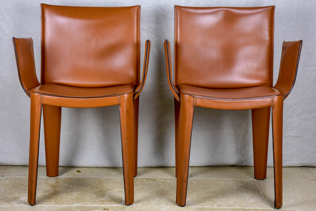 Pair of vintage Italian Quia tan leather armchairs (12 available)