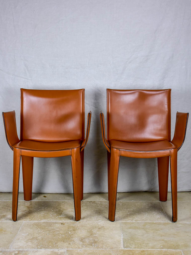 Pair of vintage Italian Quia tan leather armchairs (12 available)