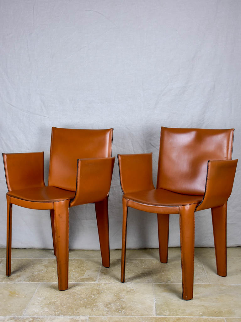 Pair of vintage Italian Quia tan leather armchairs (12 available)