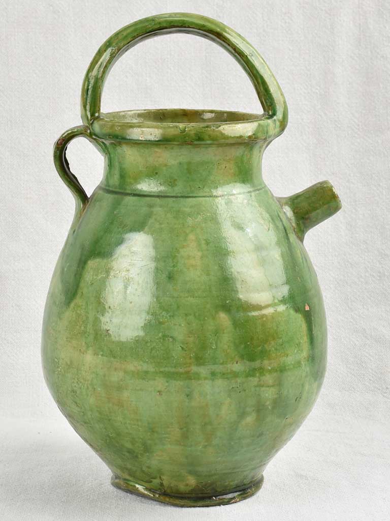 Antique Provençal Terracotta water jug w/ Dark Green glaze 11½"