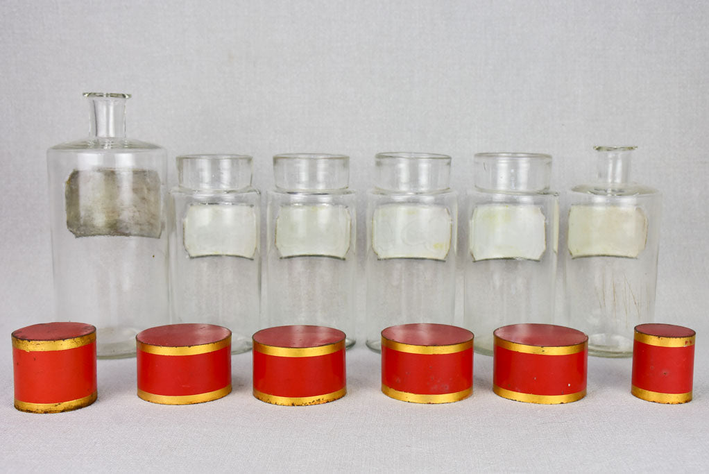 Collection of 6 French apothecary jars with porcelain labels - late 19th century