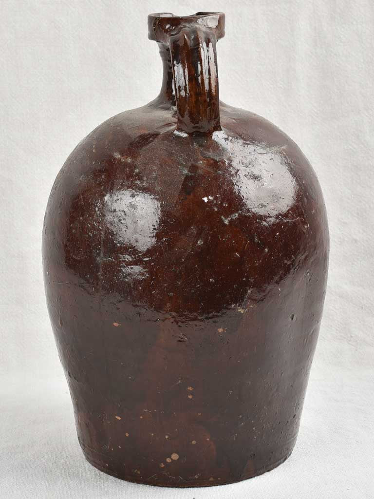 18th century French vinegar jug with dark brown glaze 13"