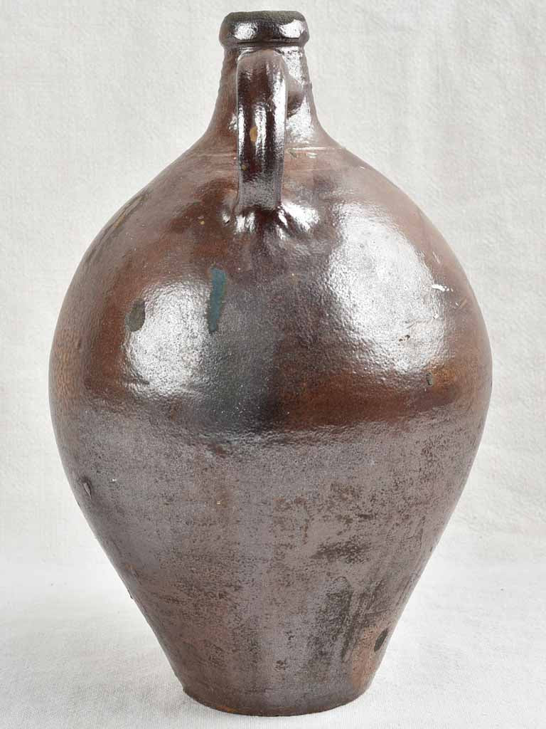 19th century French vinegar jug w/ brown glaze 13½"