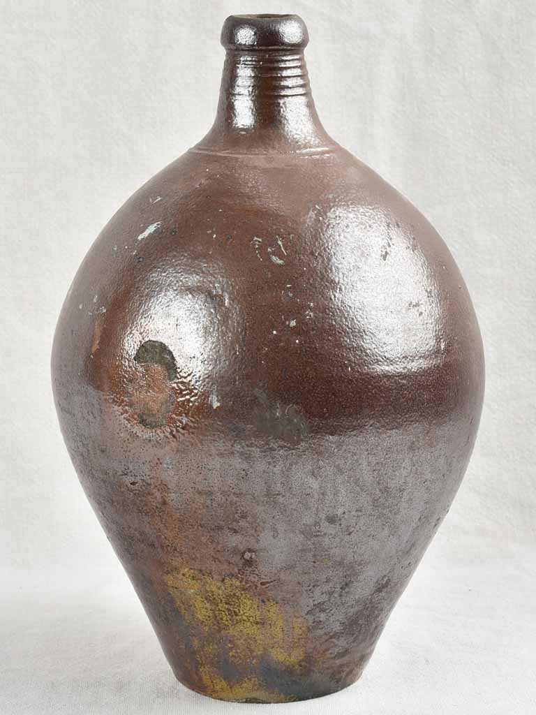 19th century French vinegar jug w/ brown glaze 13½"