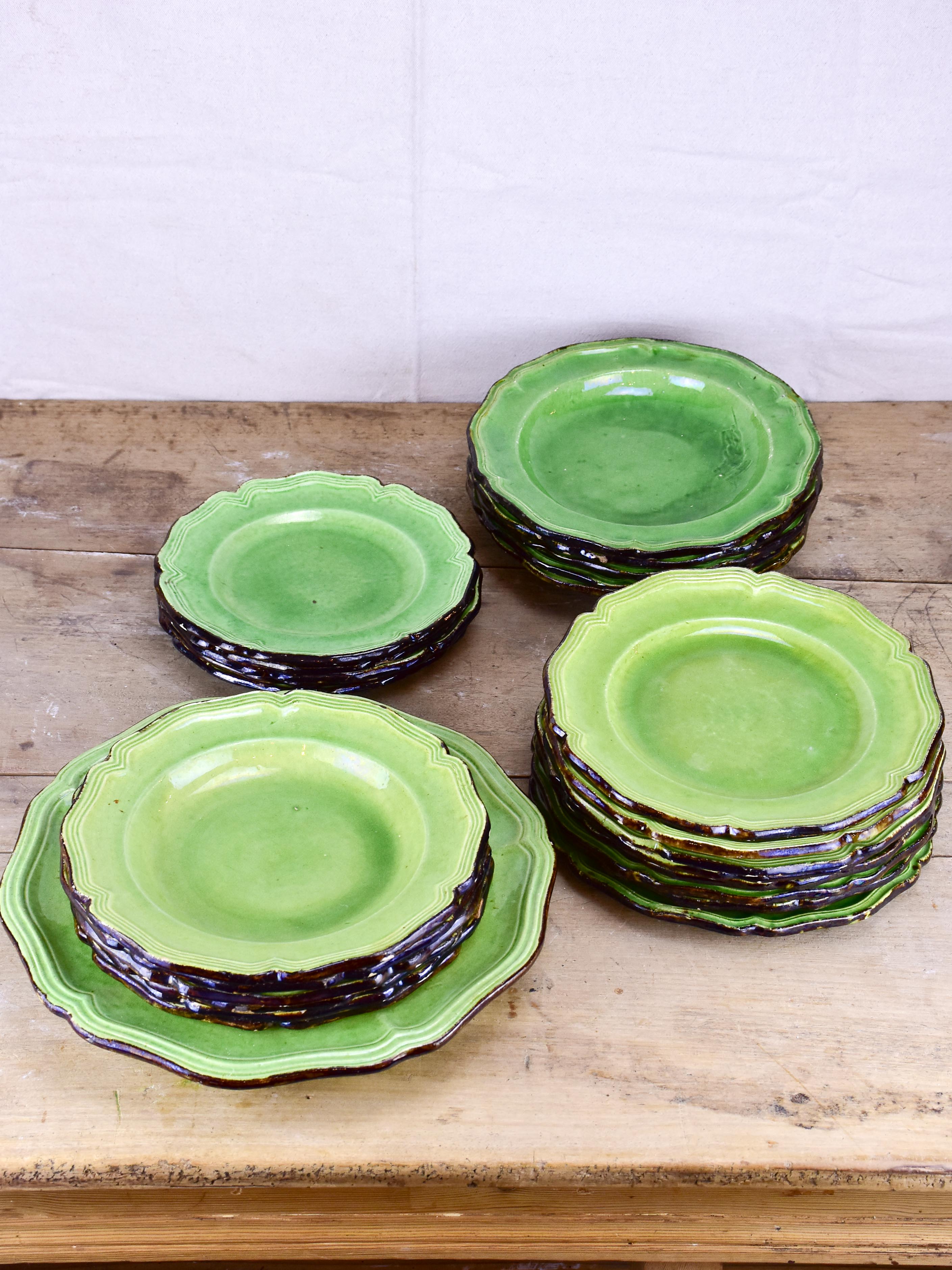 Collection of vintage green plates by Etienne Noël, Dieulefit