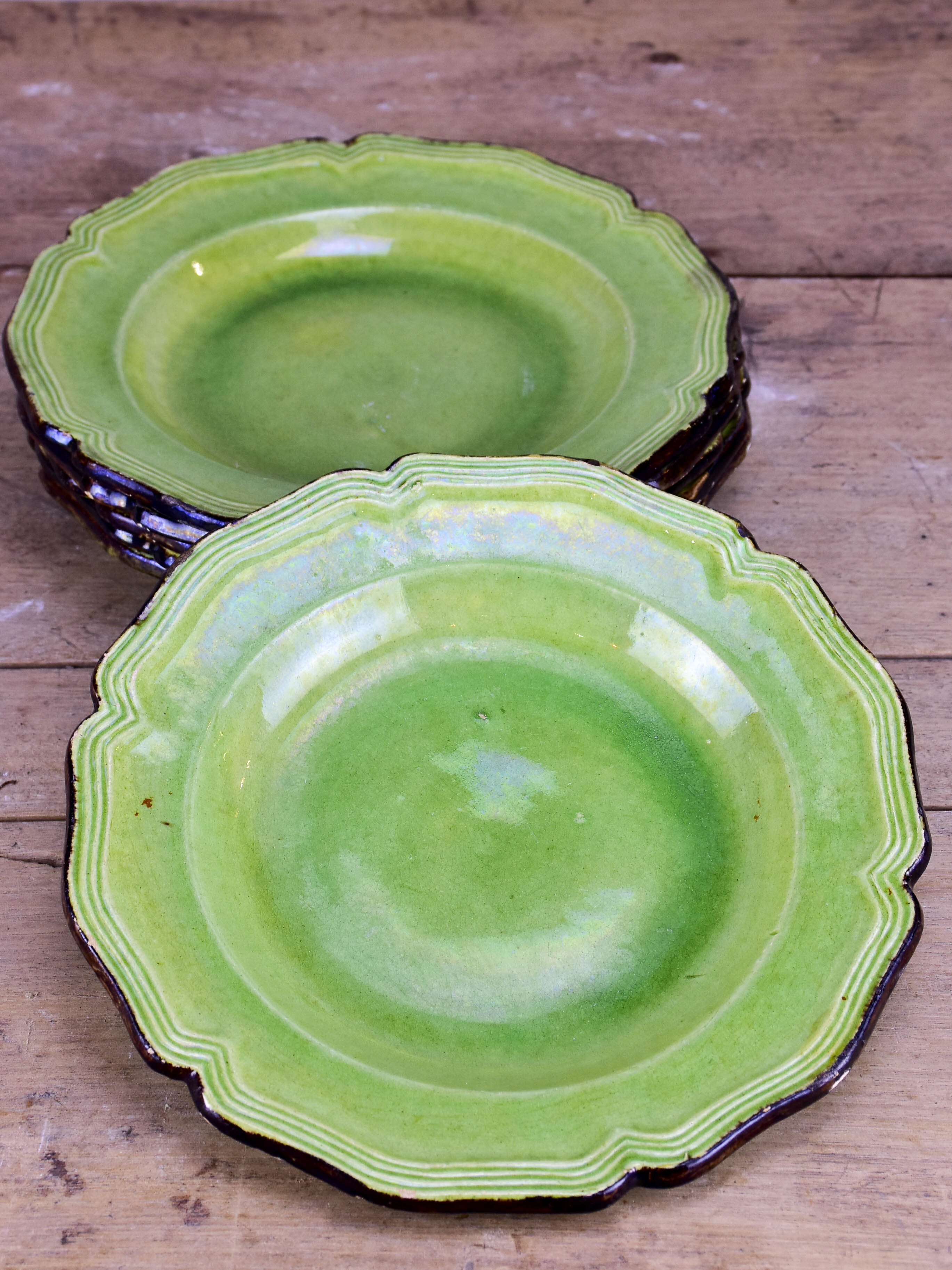 Collection of vintage green plates by Etienne Noël, Dieulefit