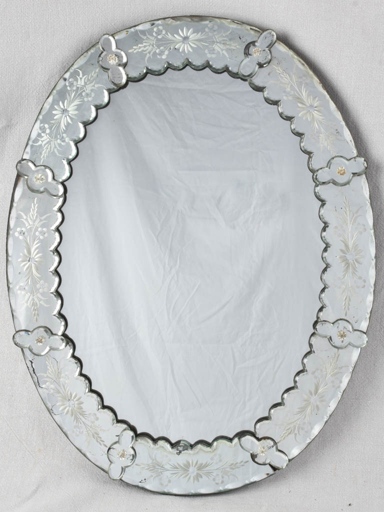 Pretty oval Venetian mirror with floral etchings 24¾" x 19¼"