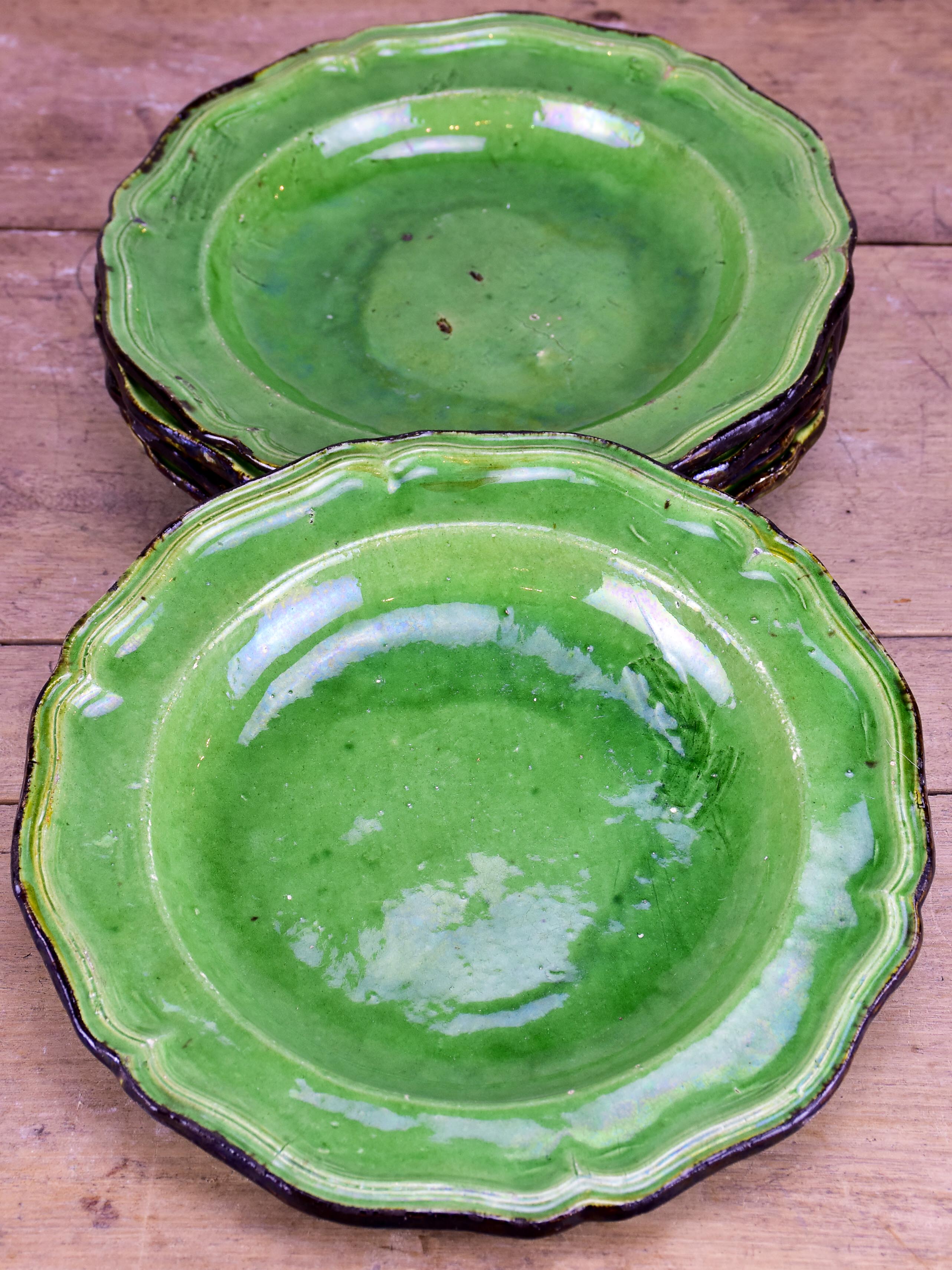 Collection of vintage green plates by Etienne Noël, Dieulefit