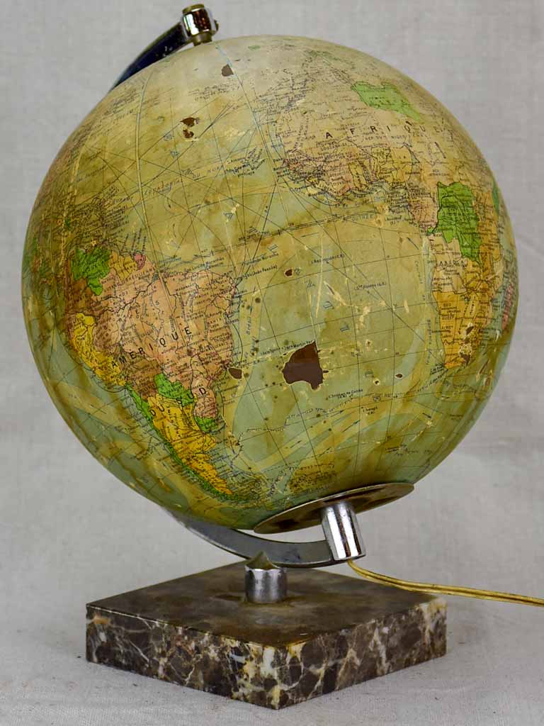 Mid century French world globe lamp with marble base