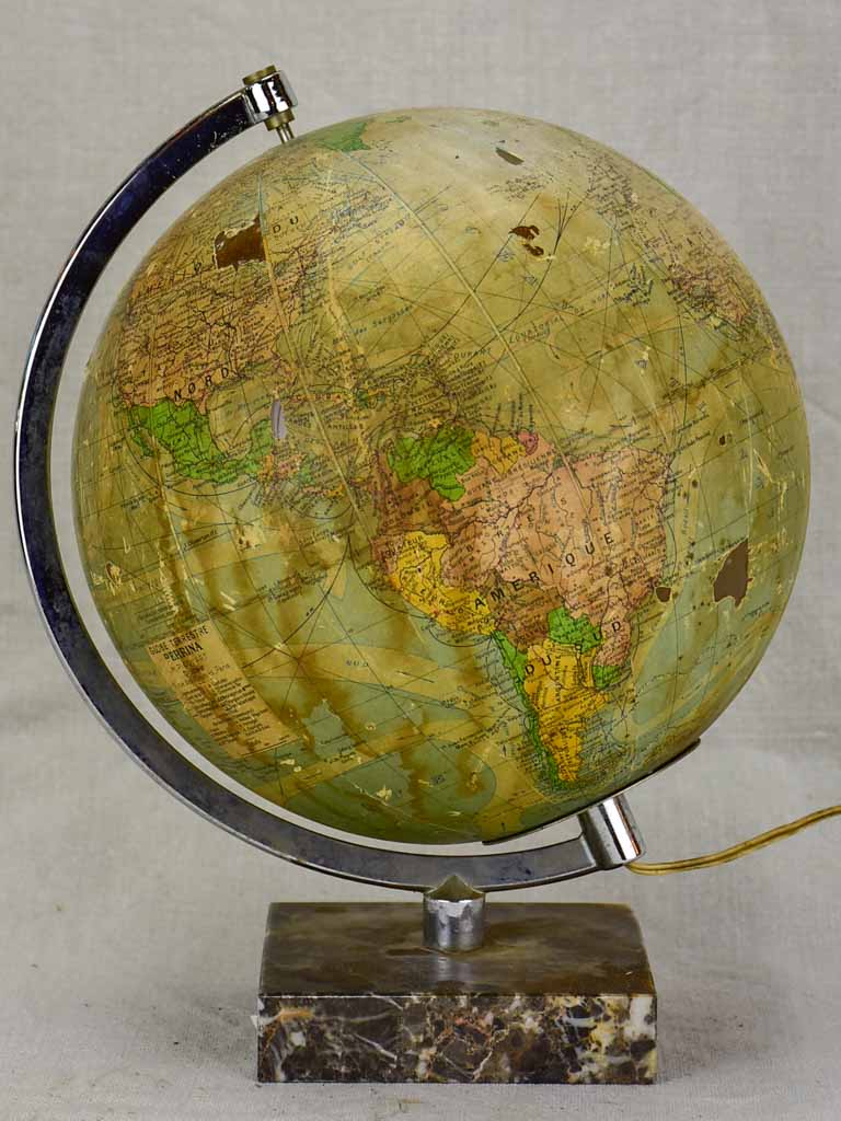 Mid century French world globe lamp with marble base