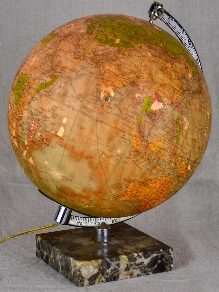 Mid century French world globe lamp with marble base